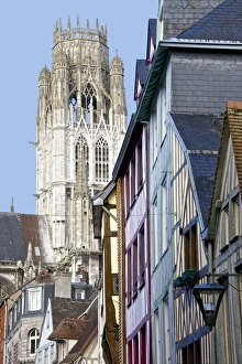 Detail of Central Tower of Saint Maclou church dating from the 15th century, and half timbered houses, Rouen Detail of Central Tower of Saint Maclou church dating from the 15th century, and half timbered houses, Rouen