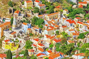 Dodecanese Islands Tourism Prints: Chorio (upper town), high angle view, Chorio, Symi Island, Dodecanese Islands, Greece