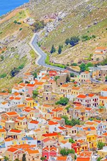 Dodecanese Islands Landscape Prints: Chorio (upper town), high angle view, Chorio, Symi Island, Dodecanese Islands, Greece