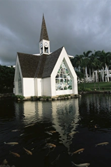 Church and koi pond Church and koi pond