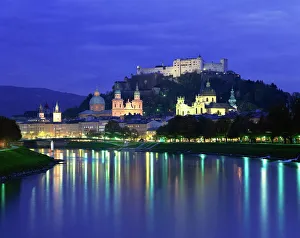 City and castle at night from the river, Salzburg, Austria, Europe City and castle at night from the river, Salzburg, Austria, Europe