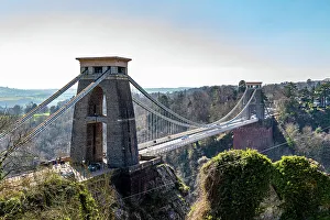UK Suspension Bridges Prints: Clifton Suspension Bridge with towers against a clear sky
