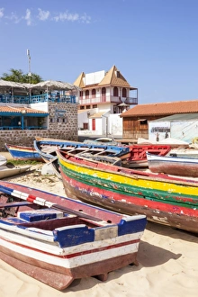 Colourful traditional local fishing boats on the beach at Santa Maria, Praia da Santa Maria Colourful traditional local fishing boats on the beach at Santa Maria, Praia da Santa Maria