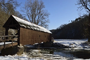 Prints of Covered bridge over the River Neckar in winter, Neckartal (Neckar Valley), Baden-Wurttemberg, Germany, Europe River Prints: Covered Bridge Print, Neckar Valley, Germany