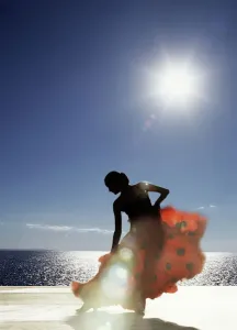 Prints of Flamenco dancing by sea in full sunlight, Ibiza, Spain, Europe Related Image Prints: Flamenco Print, Ibiza Coastline Scene