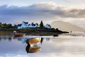 Dawn view of Plockton with rowing boats and whitewashed houses, Plokton Dawn view of Plockton with rowing boats and whitewashed houses, Plokton