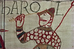 Death of King Harold showing an arrow in his eye, Bayeux Tapestry, Bayeux Death of King Harold showing an arrow in his eye, Bayeux Tapestry, Bayeux