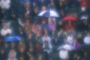 London Rain Prints: Diffuser filter used on shot of Wimbledon crowd in the rain, London, England