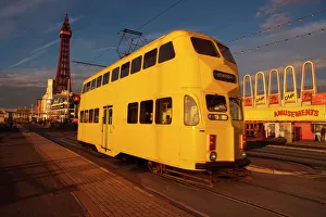 Double decker tram and Blackpool tower, Blackpool Lancashire, England, United Kingdom Double decker tram and Blackpool tower, Blackpool Lancashire, England, United Kingdom