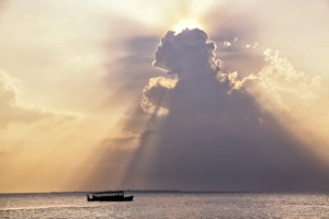 Indian Ocean Beach Scene Prints: Dramatic cloud formations and boat in silhoutte at sunset, Dhuni Kolhu, Baa Atoll