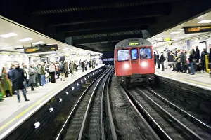 Drivers eye view of Circle line train entering tube station, London, England Drivers eye view of Circle line train entering tube station, London, England