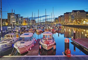 Prints of A dusk view of the modernised harbour and marina at Portishead, near Bristol, in Somerset, England, United Kingdom, Europe Bristol Prints: Portishead Harbour Print at Dusk