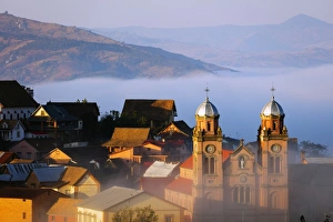 Early morning mist on the Haute Ville old town, Ambozontany Cathedral, Fianarantsoa Early morning mist on the Haute Ville old town, Ambozontany Cathedral, Fianarantsoa