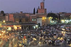 Elevated view over Djemaa el-Fna in the evening when the square is filled with food Elevated view over Djemaa el-Fna in the evening when the square is filled with food