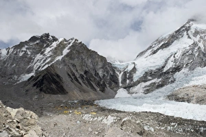 Everest Base Camp at 5350m seen here as a scattering of tents in the distance at Everest Base Camp at 5350m seen here as a scattering of tents in the distance at