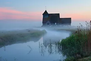 Fairfield church in dawn mist, Romney Marsh, near Rye, Kent, England, United Kingdom Fairfield church in dawn mist, Romney Marsh, near Rye, Kent, England, United Kingdom