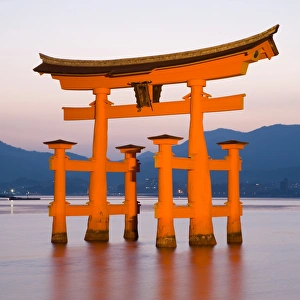 The famous vermillion coloured floating torii gate, Itsuku-shima Shrine, UNESCO World Heritage Site, Miyajima, Honshu The famous vermillion coloured floating torii gate, Itsuku-shima Shrine, UNESCO World Heritage Site, Miyajima, Honshu
