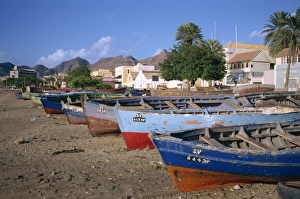 Fishing boats at Praia do Bote in the town of Mindelo, on Sao Vicente Island Fishing boats at Praia do Bote in the town of Mindelo, on Sao Vicente Island