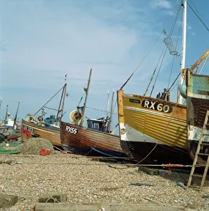Fishing boats on shingle beach, Hastings, East Sussex, England, United Kingdom, Europe Fishing boats on shingle beach, Hastings, East Sussex, England, United Kingdom, Europe