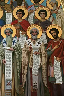 A fresco in Aghios Andreas monastery showing founding fathers of Christianity A fresco in Aghios Andreas monastery showing founding fathers of Christianity