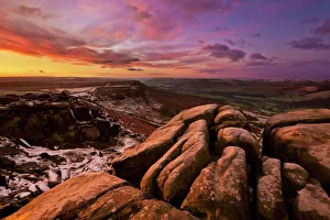 Frosty winter sunrise, Froggatt and Curbar Edge, Peak District National Park, Derbyshire, England, United Kingdom Frosty winter sunrise, Froggatt and Curbar Edge, Peak District National Park, Derbyshire, England, United Kingdom