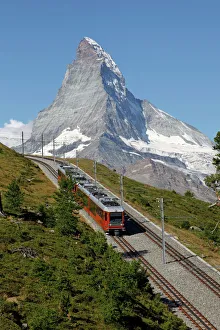 Prints of Gornergrat Railway in front of the Matterhorn, Riffelberg, Zermatt, Valais, Swiss Alps, Switzerland, Europe Switzerland Prints: Gornergrat Railway Print: Matterhorn, Zermatt, Swiss Alps