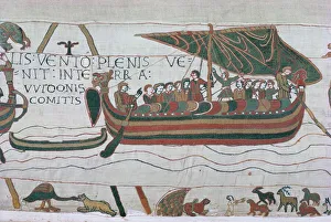 Harold steers ship across channel, a scene from the Bayeux Tapestry, Bayeux Harold steers ship across channel, a scene from the Bayeux Tapestry, Bayeux