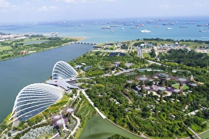 High view overlooking the Gardens by the Bay botanical gardens with its conservatories High view overlooking the Gardens by the Bay botanical gardens with its conservatories