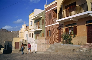 Houses, some decorated with tiles, on a street in Mindelo, on Sao Vicente Island Houses, some decorated with tiles, on a street in Mindelo, on Sao Vicente Island