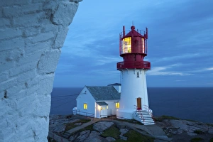 The idyllic Lindesnes Fyr Lighthouse illuminated at dusk, Lindesnes, Vest-Agder, Norway, Scandinavia, Europe The idyllic Lindesnes Fyr Lighthouse illuminated at dusk, Lindesnes, Vest-Agder, Norway, Scandinavia, Europe
