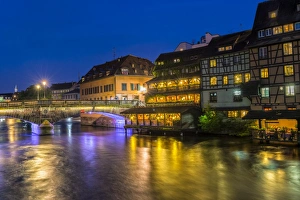 Ill canal at night, Strasbourg, Alsace, Bas-Rhin Department, France, Europe Ill canal at night, Strasbourg, Alsace, Bas-Rhin Department, France, Europe