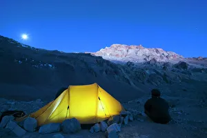 Illuminated tent at Plaza de Mulas base camp, Aconcagua 6962m, highest peak in South America Illuminated tent at Plaza de Mulas base camp, Aconcagua 6962m, highest peak in South America