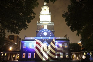 Independence Hall illuminated at night with sound and light show in Philadelphia Independence Hall illuminated at night with sound and light show in Philadelphia