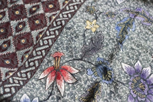 Intricate batik wax resist floral pattern on traditional Javanese sarong, Pekalongan Intricate batik wax resist floral pattern on traditional Javanese sarong, Pekalongan