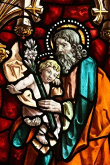 Joseph and Jesus, stained glass, San Jeronimos church, Madrid, Spain, Europe Joseph and Jesus, stained glass, San Jeronimos church, Madrid, Spain, Europe