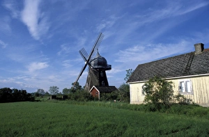 Village Prints: Landscape Print with Wooden Windmill and Houses