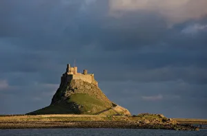Lindisfarne Castle bathed in afternoon sunlight against a stormy sky, Holy Island Lindisfarne Castle bathed in afternoon sunlight against a stormy sky, Holy Island