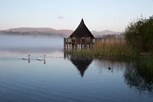 Llangorse Lake and Crannog Island in morning mist, Llangorse, Brecon Beacons National Park Llangorse Lake and Crannog Island in morning mist, Llangorse, Brecon Beacons National Park