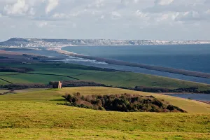 Looking across to Chesil Beach and St. Catherines chapel in Dorset, England, United Kingdom, Europe Looking across to Chesil Beach and St. Catherines chapel in Dorset, England, United Kingdom, Europe