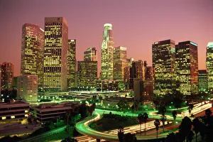 Los Angeles skyline and freeways, illuminated at night, California Los Angeles skyline and freeways, illuminated at night, California