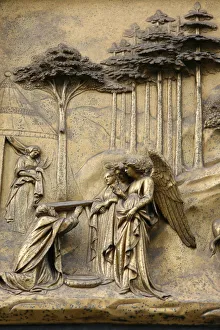 The Maggi appearing to Abraham, Gates of Paradise, bronze doors of the Baptistry of San The Maggi appearing to Abraham, Gates of Paradise, bronze doors of the Baptistry of San