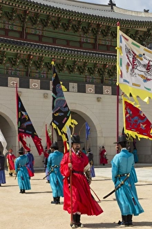 Changing Of The Guard Ceremony Prints: Marching with flags at Gwanghwamun gate, colourful Changing of the Guard Ceremony