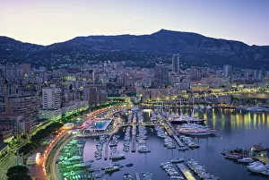 Prints of The marina, waterfront and town of Monte Carlo in the evening, Monaco, Mediterranean, Europe Monaco Prints: Evening Print of Monte Carlo Marina