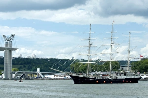 The three masted boat the Tenacious from Britain in front of movable bridge Flaubert during Armada 2008, Rouen The three masted boat the Tenacious from Britain in front of movable bridge Flaubert during Armada 2008, Rouen