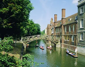 Historic Bridges UK Prints: Mathematical Bridge and Punts, Queens College, Cambridge, England