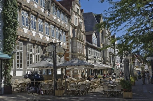 Medieval gables form a background to pavement cafes in Hamelin, Lower Saxony Medieval gables form a background to pavement cafes in Hamelin, Lower Saxony