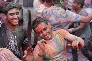 Men celebrating Holi festival, Barsana, Uttar Pradesh, India, Asia Men celebrating Holi festival, Barsana, Uttar Pradesh, India, Asia