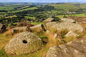 Prints of Millstone, Curbar Edge, Peak District National Park, in summer, Derbyshire, England, United Kingdom, Europe Derbyshire Prints: Millstone Print, Curbar Edge Landscape