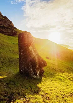 Father's Day: Moai at the quarry on the slope of the Rano Raraku Volcano at sunrise, Rapa Nui National Park