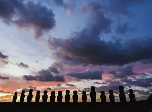 Ahu Tongariki Collection: Moais in Ahu Tongariki at sunrise, Rapa Nui National Park, UNESCO World Heritage Site